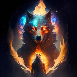 A terrible creature with a wolf's head and a human body,A shield made of fire and magic and the galaxy