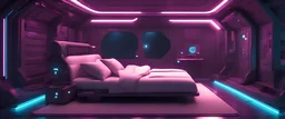 bedroom on a spacecraft, cyberpunk, steampunk , hyperrealistic 16k, 3d rendering, expressively detailed, dynamic light, neon lighting
