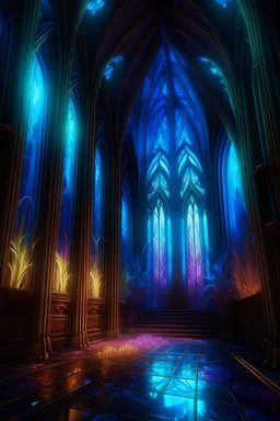 a look from the inside of a whimsical bioluminecent holographic furry neon bright cathedral, hyper realism, photo realism, realistic lighting, realistic color grading