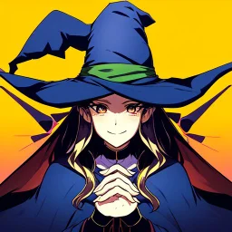 retro anime style, witch, witch hat, witch robe, expression smiling, portrait