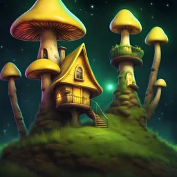 colorful yellow and green mushroom house on a tall dirt pillar with a grassy top in outer space. stars, grass, mushroom house, dirt pillar. Detailed gloss Painting, rich color, fantastical, intricate detail, splash screen, hyperdetailed, insane depth, concept art, 8k resolution, trending on artstation