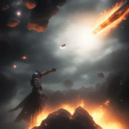 Distant epic scenary. Heavy rain. Epic Lighting in the night sky. Knight with magic scroll in hand. Falling meteorite in the sky. Fireball. Meteorite burning in the distance. Dark, black mud.