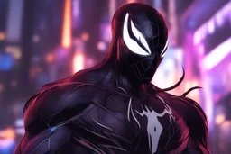 symbiote in 8k solo leveling shadow drawing style, yone model, neon lights, intricate details, highly detailed, high details, detailed portrait, masterpiece,ultra detailed, ultra quality