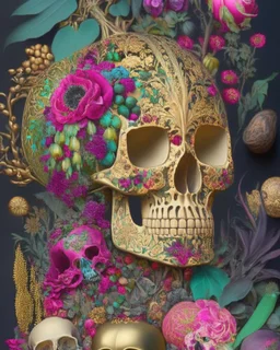 Mexican Skull Calavera, surrounded by poetic ornamental elements such as fruits, flowers, garlands of lights and native plants, colors Pink, Green, Gold and Black, 3D style, painting art, highly detailed, surrealist