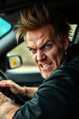 A very angry and bitter punk rocker sitting in a car driving angry, looking at opposite drivers with looking at their phones