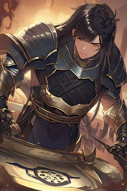 A dashing knight in steel plate armour, long black hair, pretty face, dignified, no beard, no moustache