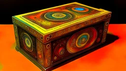 John Harris Style page, ((masterpiece, best quality)), full color, full color, dark serious 1980s steampunk puzzle box, magic, watercolor,