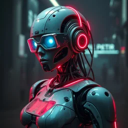 a robot from a dystopian future, cyberpunk aesthetic, worn with age, neon, feminine