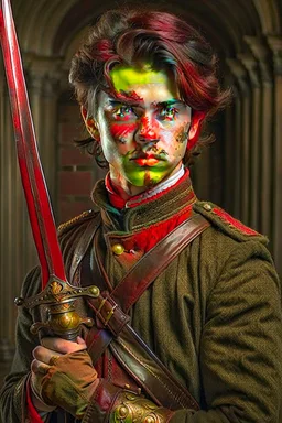 european brown hair young adult royal guard swordsman with rapier dieselpunk