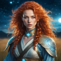 digital art portrait of a beautiful young female fighter, pastel style, fantasy, long messy curly ginger hair, pale blue eyes, fierce, dressed in light reveaing asian fighter outfit, ornaments, choker, standing in fields, night-time, stars, realistic, sexy, cinematic lighting, highly detailed face, very high resolution, centered, looking at the camera