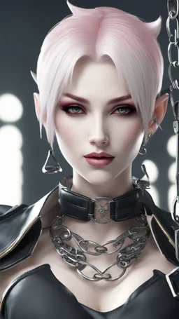 A close picture to blind vampire with white and pink short hair, slave, Tusks, malicious smile, Handcuffs, Weapon handcuffs in dreamshaper finetuned model with dynamic art style witg