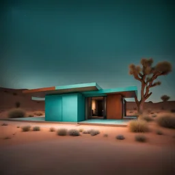 house designed by le corbusier, textured turquoise,route 66 desert, corten steel , realistic, african textures, night scene