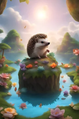 Make a hedgehog that is a god. The hedgehog stands on a floating island that also has other animals