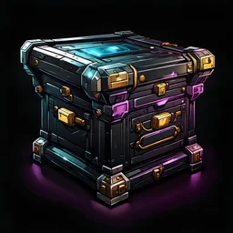 valuable chest, cyberpunk style, black background, video game icon