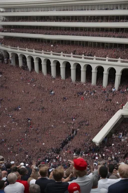 donald trump standing on a balcony with hundreds of people below kneeling