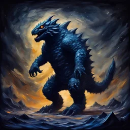 Kaiju moving out of the darkness, in semi impasto art style, background night