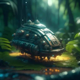 steamy shiny metallic spaceship warped vacuum cleaner with crew crash landing in jungle village bokeh like f/0.8, tilt-shift lens 8k, high detail, smooth render, down-light, unreal engine, prize winning