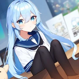 Clear focus, High resolution, long fluffy light blue hair, hair between eyes, long locks, wearing a sailor uniform, wearing a sailor skirt, long black socks, 1girl, cartoon, cute, UNFOTABLE studio