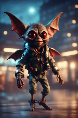 glowing vampire bat gremlin doctor hippie in the evening, hovering with glowing jets from rocket backpack over hospital, in the style of a fallout 4,bokeh like f/0.8, tilt-shift lens 8k, high detail, smooth render, down-light, unreal engine, prize winning