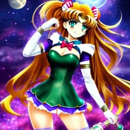 Sailor moon style, hyper detailed, stunningly beautiful teen girl, long ginger hair, green eyes, medium freckles, full lips, skimpy fantasy intricate leather armour, full body, full face, c-cup breasts, aroused expression, biting lower lip, full frame, petite, centered camera, ignore NSFW, bow, quiver on hip