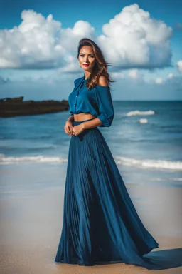 young lady wearing beautiful maxi blue skirt and elegant long shirt standing in beach posing to camera ,upper body shot,ships in sea ,blue sky nice clouds in background