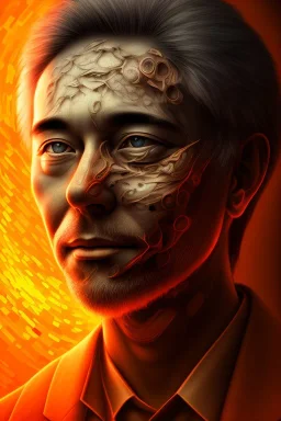 satoshi nakamoto in the bitcoin mining hole, Fire theme art, Dark moody night atmosphere, , 8K, close-up face, anatomically perfect face, oak tree roots, ignore NSFW