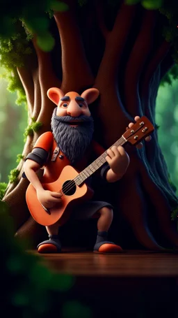 portrait of hairy rock guitar ninja carrot living inside a tree house in a hollow huge tree growing light bulbs, singing into ornate studio mic,bokeh like f/0.8, tilt-shift lens 8k, high detail, smooth render, down-light, unreal engine, prize winning