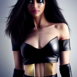 Ultra realism, beautiful woman, 6-pack abs, slim waist, curvy, long hair, black and gold, white eyes, leather outfit, black cape