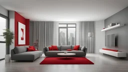 Gray and red modern living room with sofa and two windows - 3d rendering