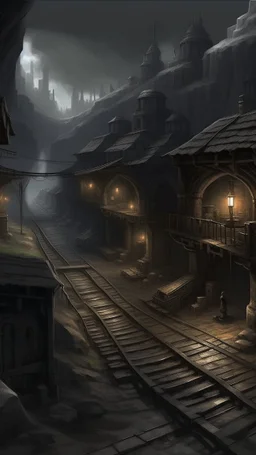 A warm dark gray underground town with minecarts painted by Francis Danby