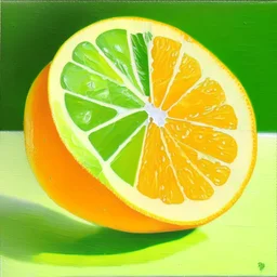 painting of a slice of citrus fruits, oranges realistic, acrylic paint, green