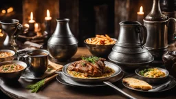 142857, delightful, sensitive, delicious food, banquet, pewter tankards and pewter plates, pewter mugs, pewter cups, beer, ale, confident, night, darkness, architecture, filled with delicious food, splendid cooked boar's head, award-winning photograph, beautiful composition, chiascuro