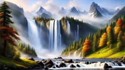 a picturesque natural landscape that includes majestic mountains and a serene countryside. Additionally, incorporate details about a stunning, large waterfall that enhances the beauty of the scene. The output should be structured as a narrative, painting a clear image with rich, descriptive language that evokes the sights and sounds of this beautiful environment water fall falls to a big sea with modern ship in it.a fullbody lady inOne Piece - Athletic Swimsuit,and dive head wear