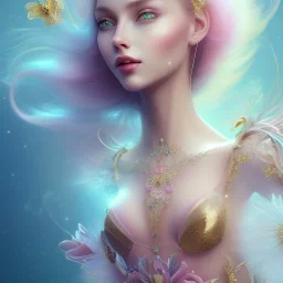 fairy, pink, blue, beautiful, happy smile, gold, jewels, hyperrealism, masterpiece, expert, cinematic lighting, sharp focus, 8K, pastel, macro lens, woman, detailed, flower