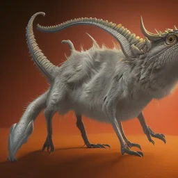 This Cockatrice has 3 horns pointing backward. Its neck is short; Its snout is vertically short, thin, short, sharp tipped, and it has an overbite. Its teeth are serrated. It has no claws, extra eyes, and soft scales. Its tail is very long and thin.