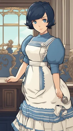 Elizabeth with short black hair and blue eyes and blue and white dress in 8k anime cgi artstyle, bioshock them full body, intricate details, highly detailed, high details, detailed portrait, masterpiece,ultra detailed, ultra quality