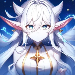 cosmic mage, elf, female, battle mage, epic, cosmic magic, long ears, white hair, face details, pale skin, jewellery, broad shoulders, sharp ears, cosmic clothes, cosmic eyes, ears shown, light out of eyes, the cosmos in eyes, stars in eyes, shining eyes, non human face, thin face, animation, detailed ears, magical eyes, non realistic, closed mouth, bigger make up, smiling face, happy face, pointy ears