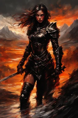 A formidable warrior girl in black armor, on the background Amazing gloomy landscape, flooded with sunset, mountains, trees, fabulous scary hero, , juicy emotions, painting, dark fantasy, bad weather, gloomy day, dark world, by Raymond Swanland & Alyssa Monks & Anna Razumovskaya