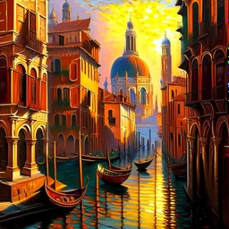 A realistic oil painting of medieval Venice, with intricate details of the architecture and streets, painted in the style of Jan van Eyck and Paul Cézanne, (long shot), warm golden lighting, vibrant colors, historical accuracy.