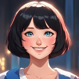 vibrant art of a cute lady innocently smiling, black bob haircut short hair, red cheeks, blue eyes, cinematic shot from a movie, anime