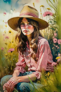 P: a young old-time cowgirl sitting in wildflowers and tall grasses, peaceful vision, wisps of hair around her face, straw hat, pink floral dress, muted colors, soft watercolor