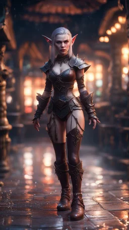 full figure with metallic stone gauntlets, standing on wet tiled floor outside fantasy tavern, female vampire elf from worms armageddon wearing makeup, bokeh like f/0.8, tilt-shift lens 8k, high detail, smooth render, down-light, unreal engine, prize winning