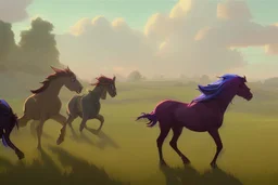 illustration fantasy horses of different colors in a field from afar