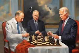 Putin, President Xi Of China And Joe Biden Play Chess With A Pigeon,Ufo And Atomic Bomb Mushroom Cloud,Complex Surgical Instruments Intermixed With A Newborn Boy,Minimalism,Painting By Adrian Ghenie,Rene Magritte,Pablo Picasso,Michelangelo,Salvador Dali,Lucian Freud