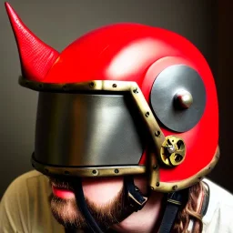 man, red rhino helmet, one man band, steampunk, midjourney style, neon