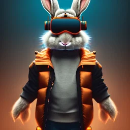 Rabbit toddler, smile, steampunk headphone, sunglass, gangsta neckless, full body, orange puffer jacket, manila background, dramatic lighting, hyper realistic, unreal engine 5, 16k