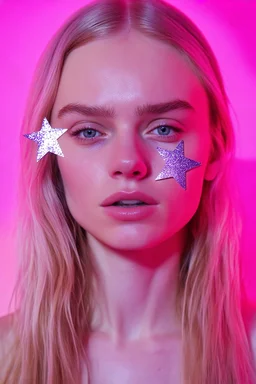 Elle fanning, gros plan sur son visage, elle a des etoiles en papier colléessur son visage, , lumière métallique rose, fond rose