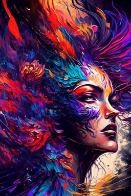 Generate a captivating digital artwork where a vivid explosion of images on a canvas bursts forth, weaving together elements of a woman, demons, tattoos, flowers, and stormy hues. Capture the essence of dynamic creativity in this abstract masterpiece."