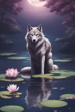 award winning portrait of a male anthropomorphic wolf that lies at the bottom of a pond, with lotus flowers floating on the water, moon, night time, reflection, dynamic lighting, digital art, 4k, by justin gerard and greg rutkowski, digital art, realistic painting, trending on artstation