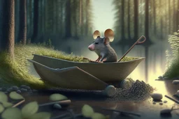 mouse in wheelbarrow, in forest by lake, book illustration, fine detail, 4k, trending, volumetric light